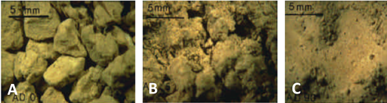 Photographies : Étapes de formation d'une croûte de battance - A) Agrégats visibles ; B) Mottes dégradées ; C) Croûte de battance formée