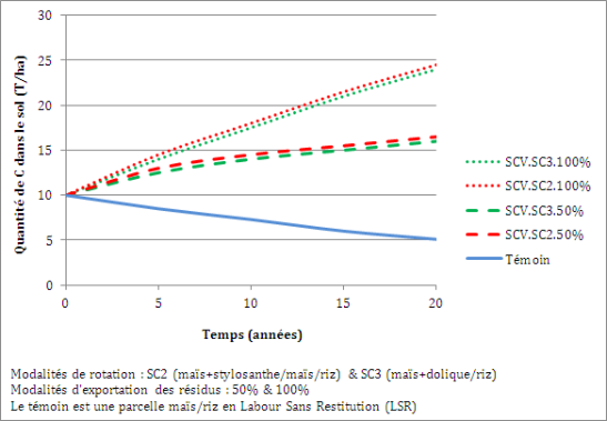 Graphique : &Eacute;volution du stock de Carbone dans le sol en fonction du temps, selon le mod&egrave;le de H&eacute;nin-Dupuis (d'apr&egrave;s Botoela M.O., 2013)