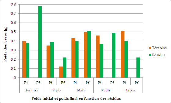 Graphique : Poids des larves avant et apr&egrave;s infestation, en fonction de la pr&eacute;sence de r&eacute;sidus (M&eacute;m)