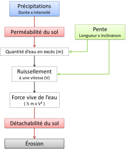 Sch&eacute;ma&nbsp;: Les facteurs de l'&eacute;rosion. On observe que les pr&eacute;cipitations, la pente et la nature du sol influent bien sur le ph&eacute;nom&egrave;ne d'&eacute;rosion.