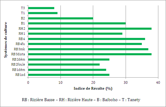 Graphique : Indices de r&eacute;colte des diff&eacute;rents syst&egrave;mes de culture (d'apr&egrave;s Raheriarijaona T.M., 2009)