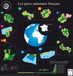Carte géographique de la France avec identification des Parcs Nationaux de France. Ils sont situés dans le sud de la France, en Guadeloupe, en Guyane et à la Réunion.