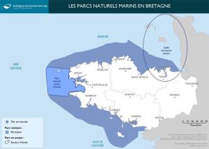 Carte géographique du Parc naturel marin de la mer d'Iroise. Deux zones identifiées : Le périmètre du Parc (autour de Brest) et la zone de Mer territoriale.